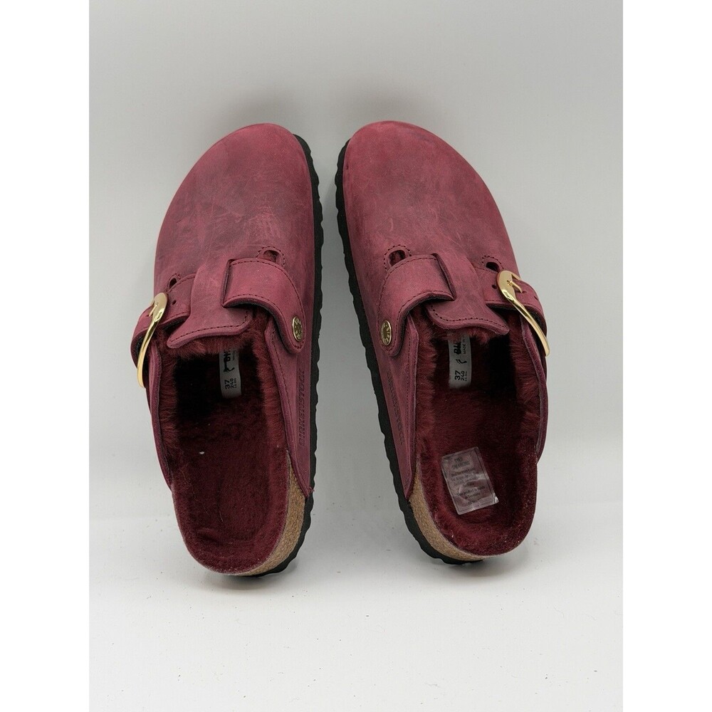 Birkenstock Boston Clogs Big Buckle Shearling Shoes Maroon Comfy 37 EU 6 US New - Picture 6 of 7